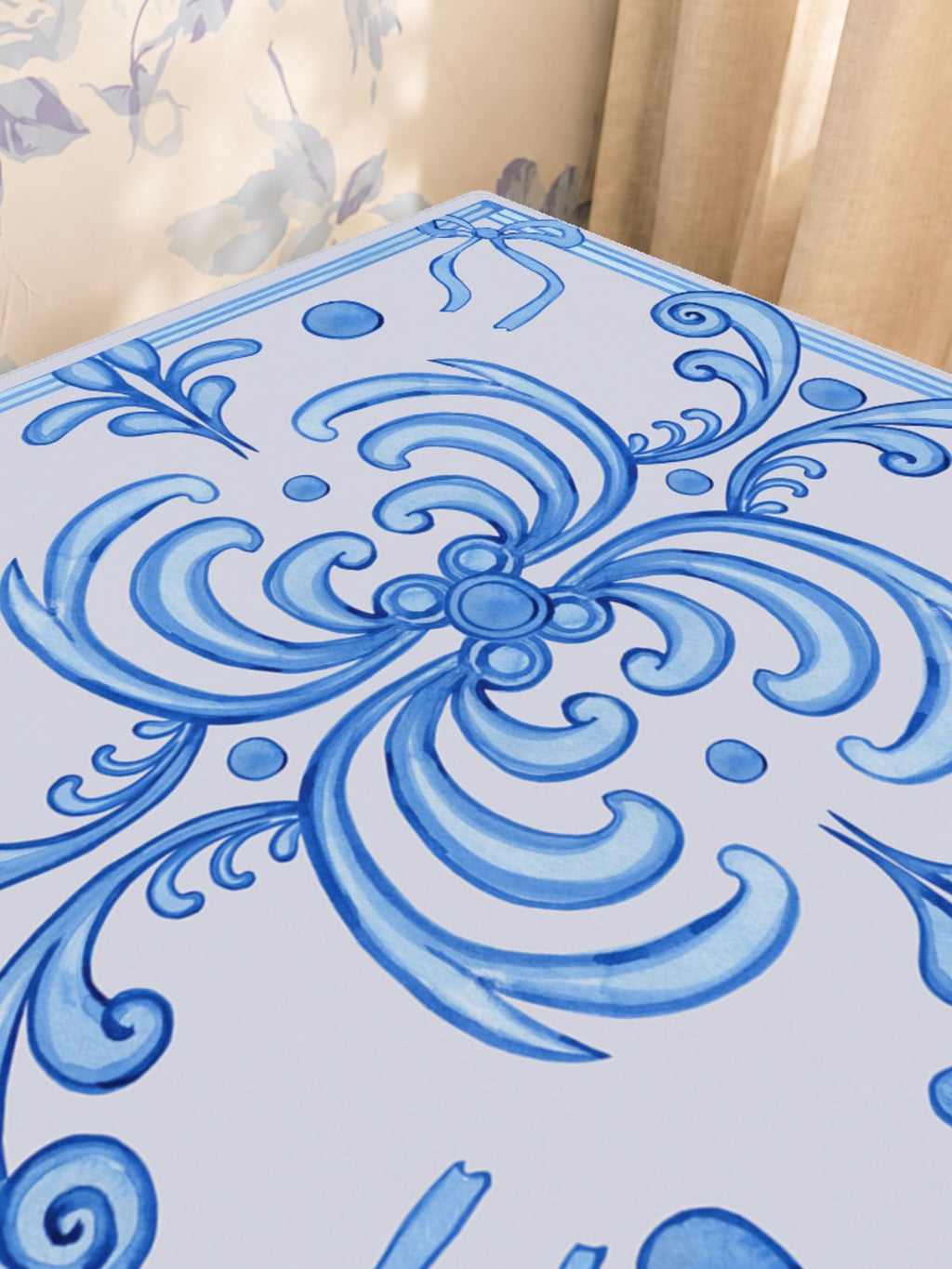 Mahjong by SI™ Ribbon Around | Blue Mahjong Mat — Sunlit Close-up [sunlit-closeup-square]