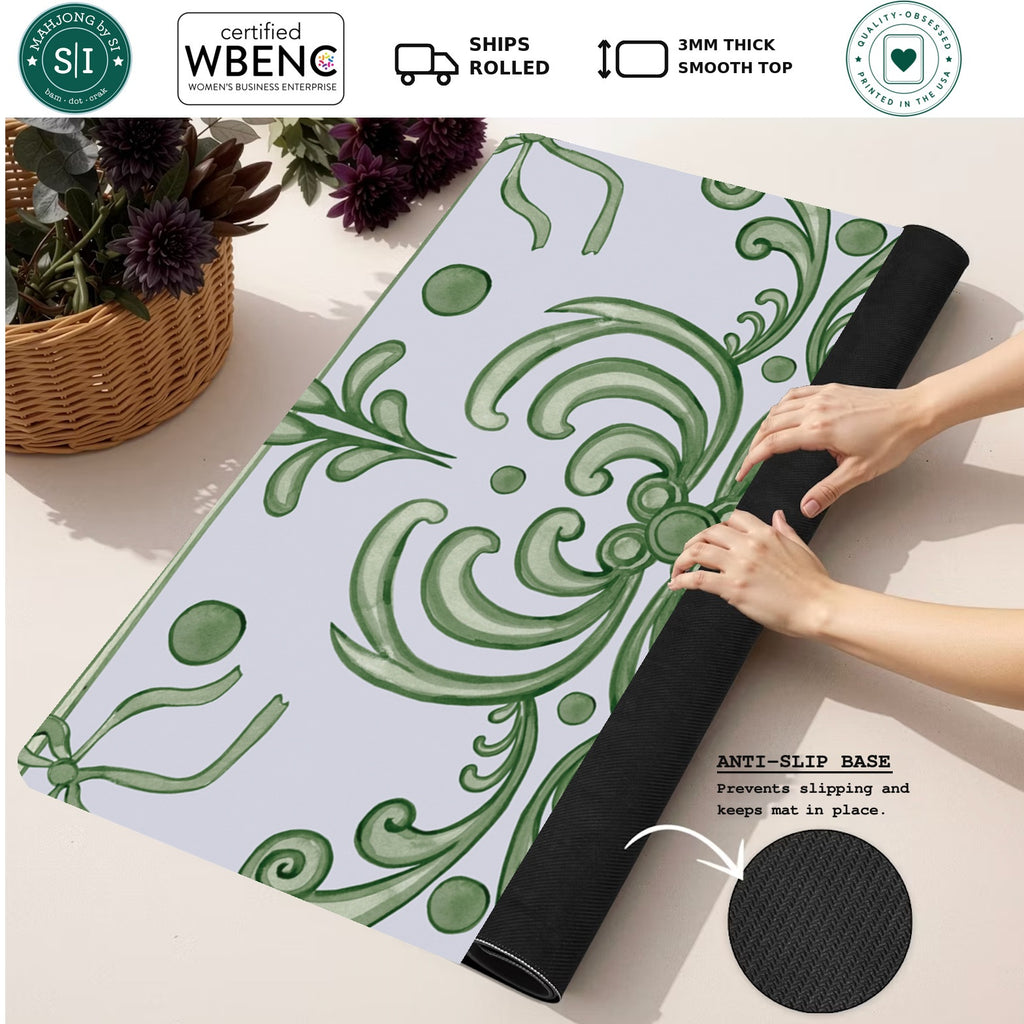 Mahjong by SI™ Ribbon Around | Green Mahjong Mat — Rolled Mat Feature Image [rolled-feature-square]