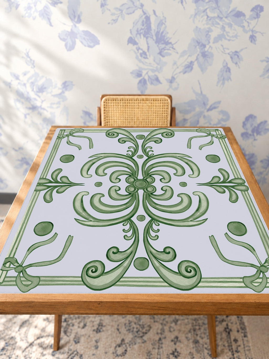 Mahjong by SI™ Ribbon Around | Green Mahjong Mat — Studio Table Angle [studio-angle-square]