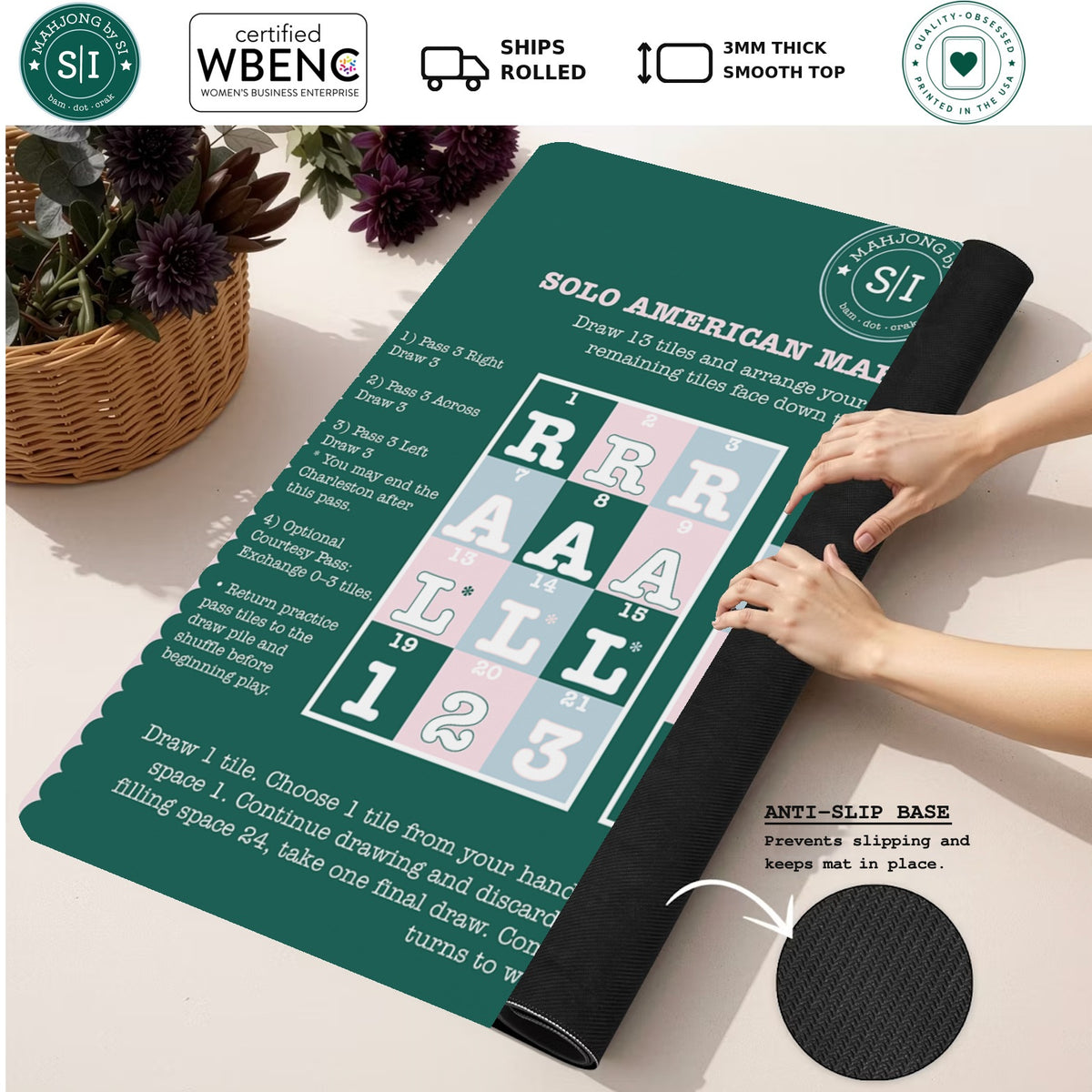 Mahjong by SI™ Solo Practice Makes Perfect Mahjong Mat — Rolled Mat Feature Image [rolled-feature-square]