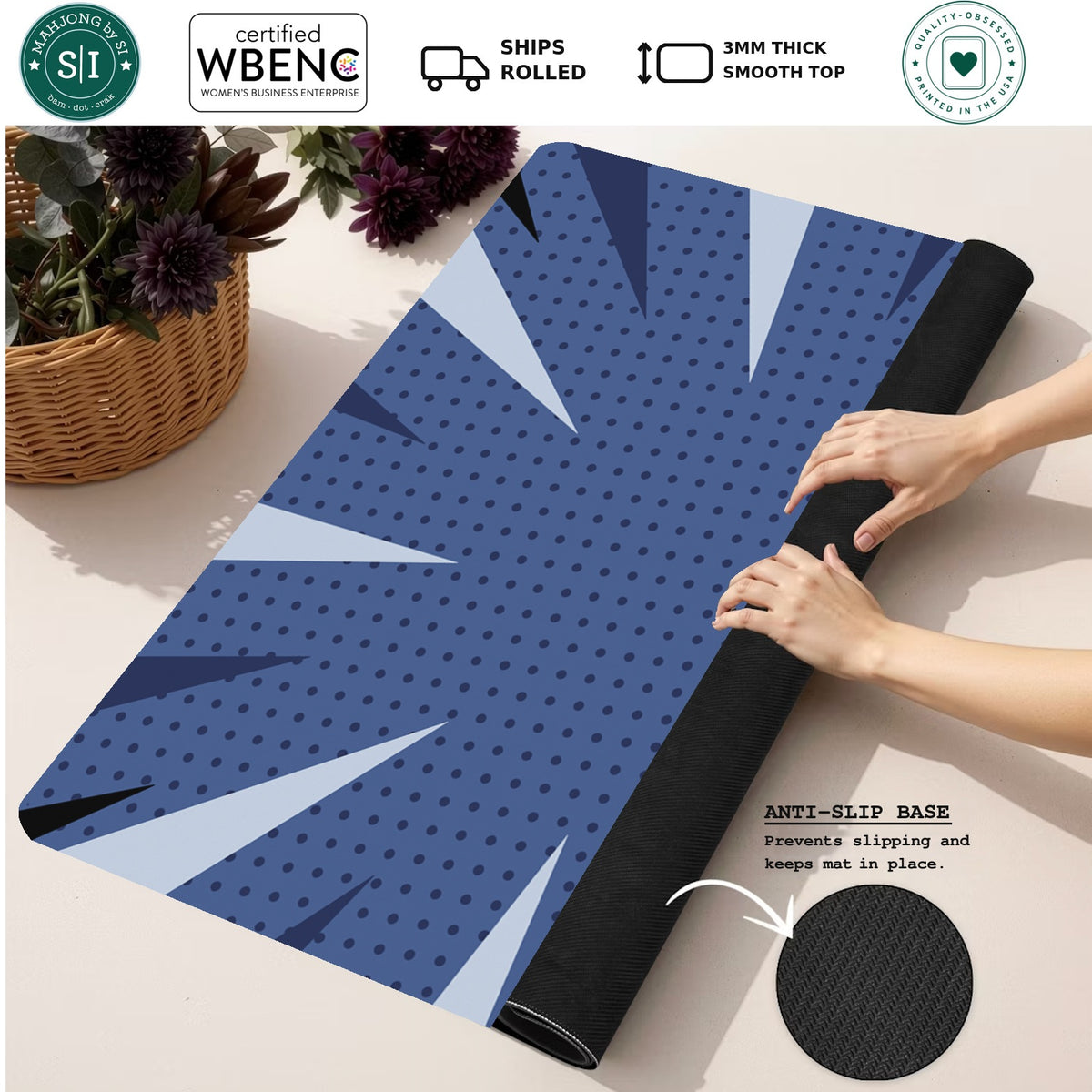 Mahjong by SI™ Star Power Blue Mahjong Mat — Rolled Mat Feature Image [rolled-feature-square]