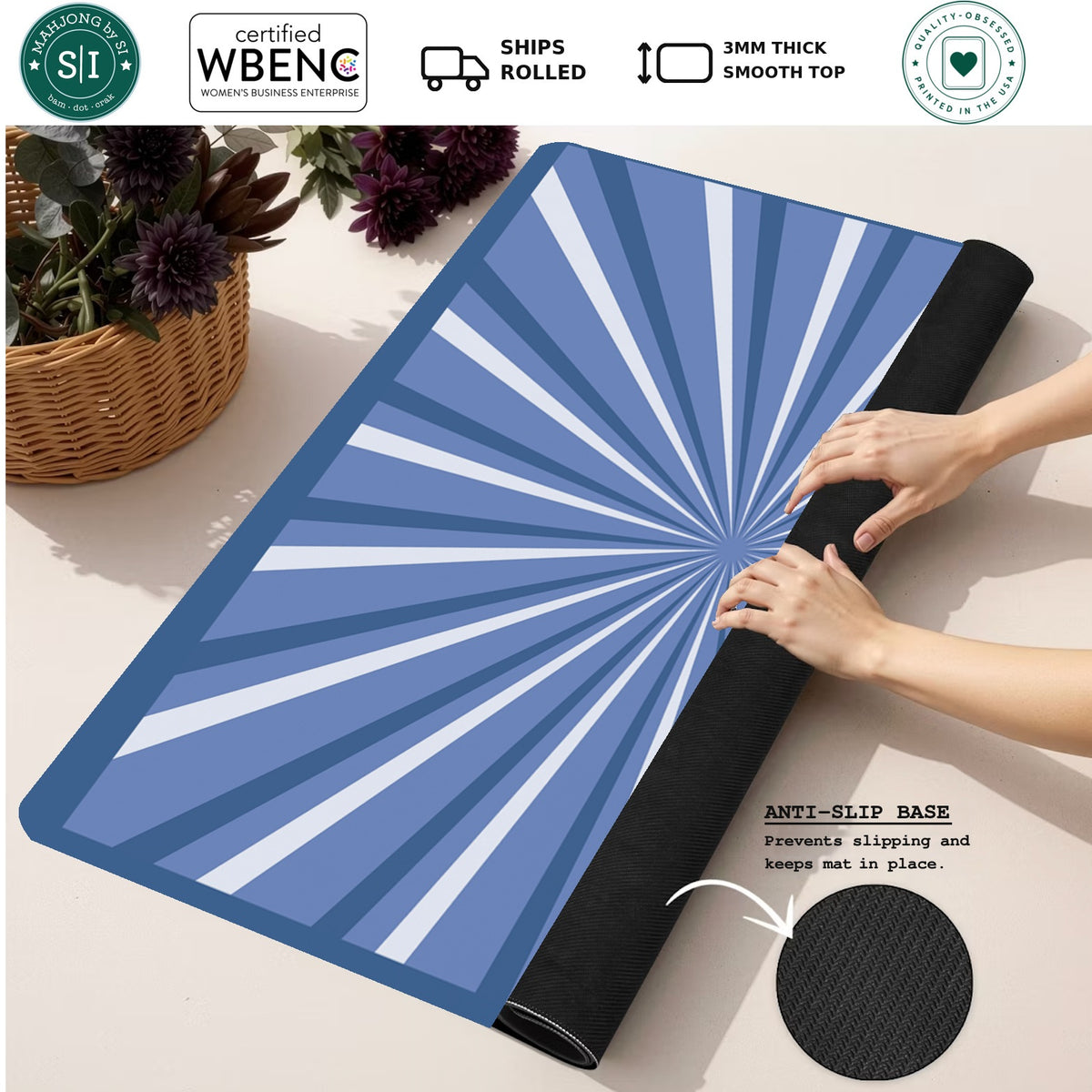 Mahjong by SI™ Star Treatment Blue Mahjong Mat — Rolled Mat Feature Image [rolled-feature-square]