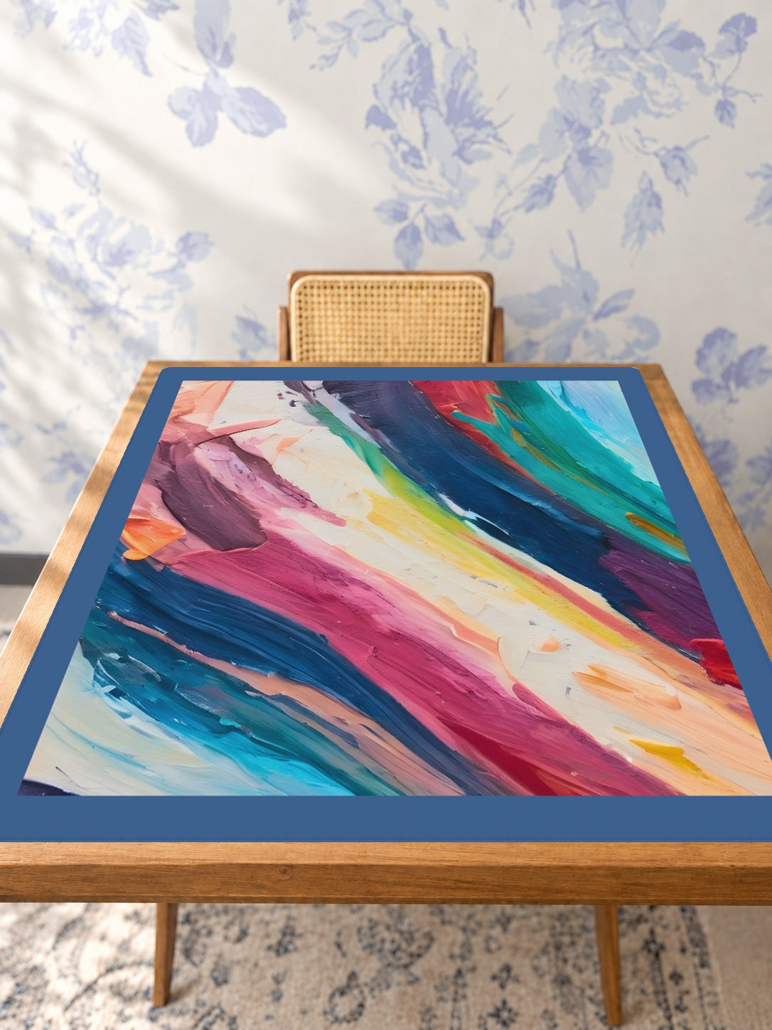 Mahjong by SI™ Stroke of Genius Blue Border Mahjong Mat — Studio Table Angle [studio-angle-square]