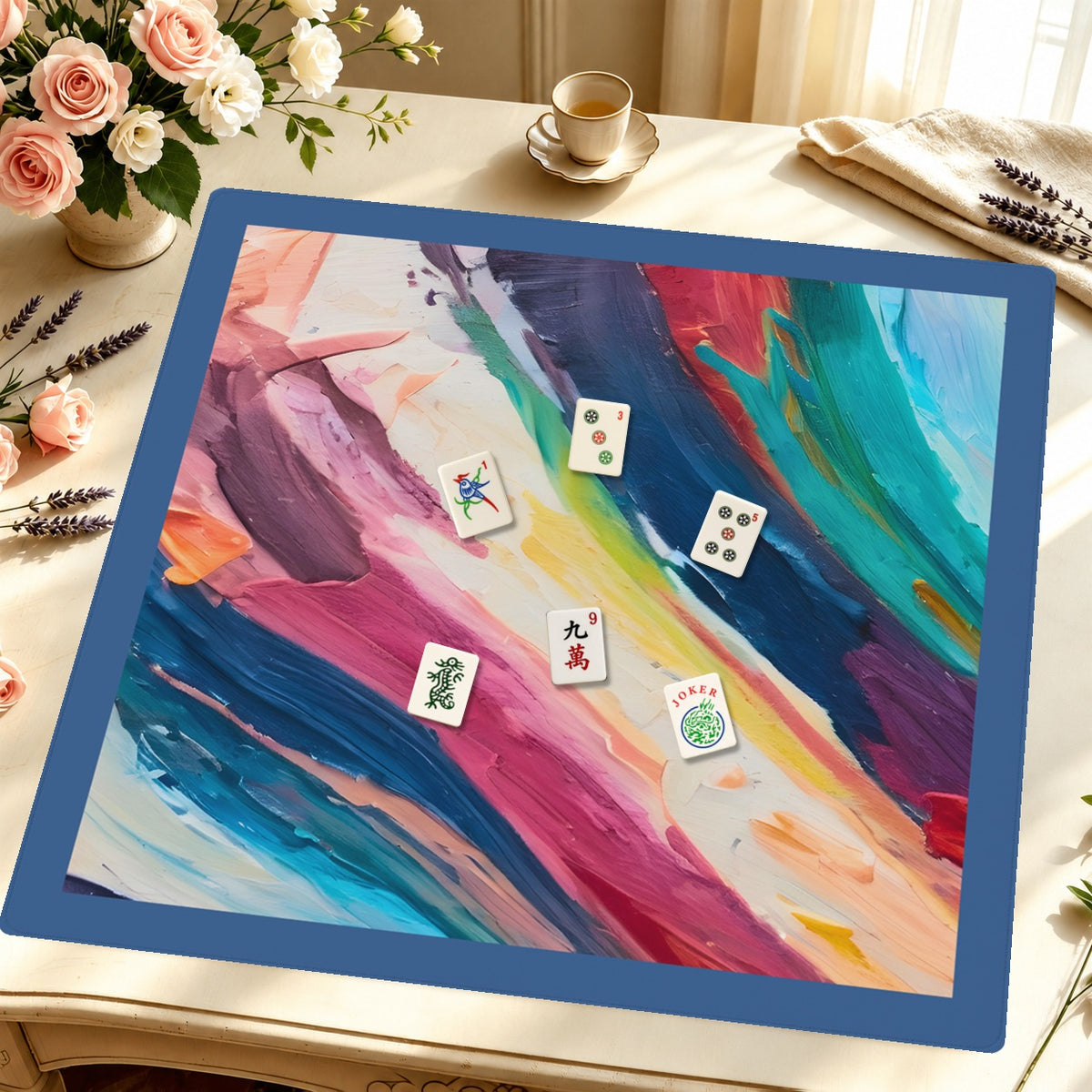 Mahjong by SI™ Stroke of Genius Blue Border Mahjong Mat — Styled Tile Table [styled-tile-table-square]