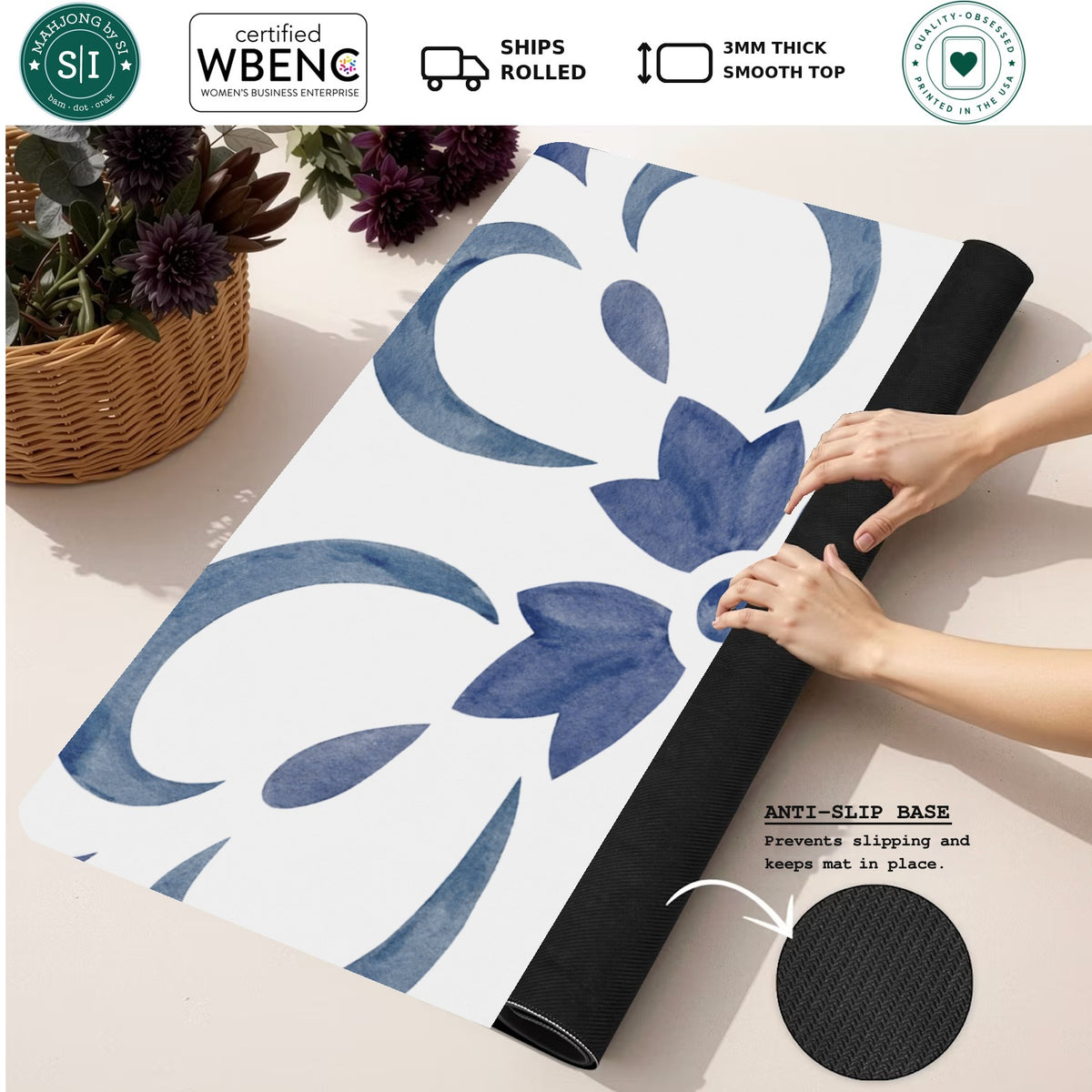 Mahjong by SI™ Swirl Next Door Blue Mahjong Mat — Rolled Mat Feature Image [rolled-feature-square]
