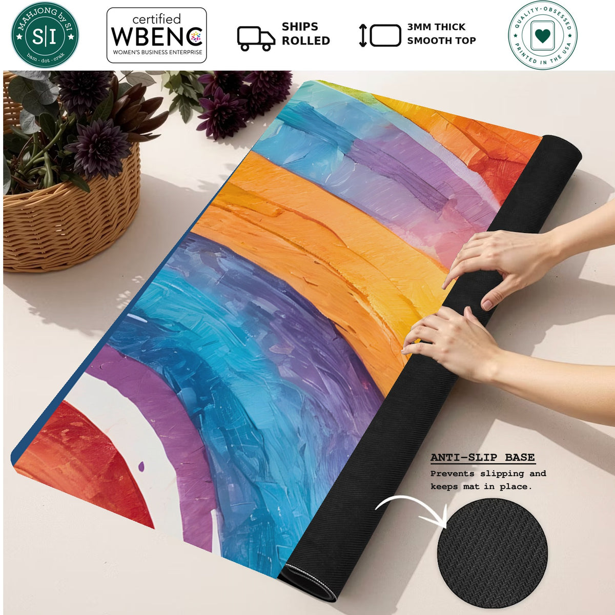 Mahjong by SI™ Swirl Power | Blue Border Mahjong Mat — Rolled Mat Feature Image [rolled-feature-square]