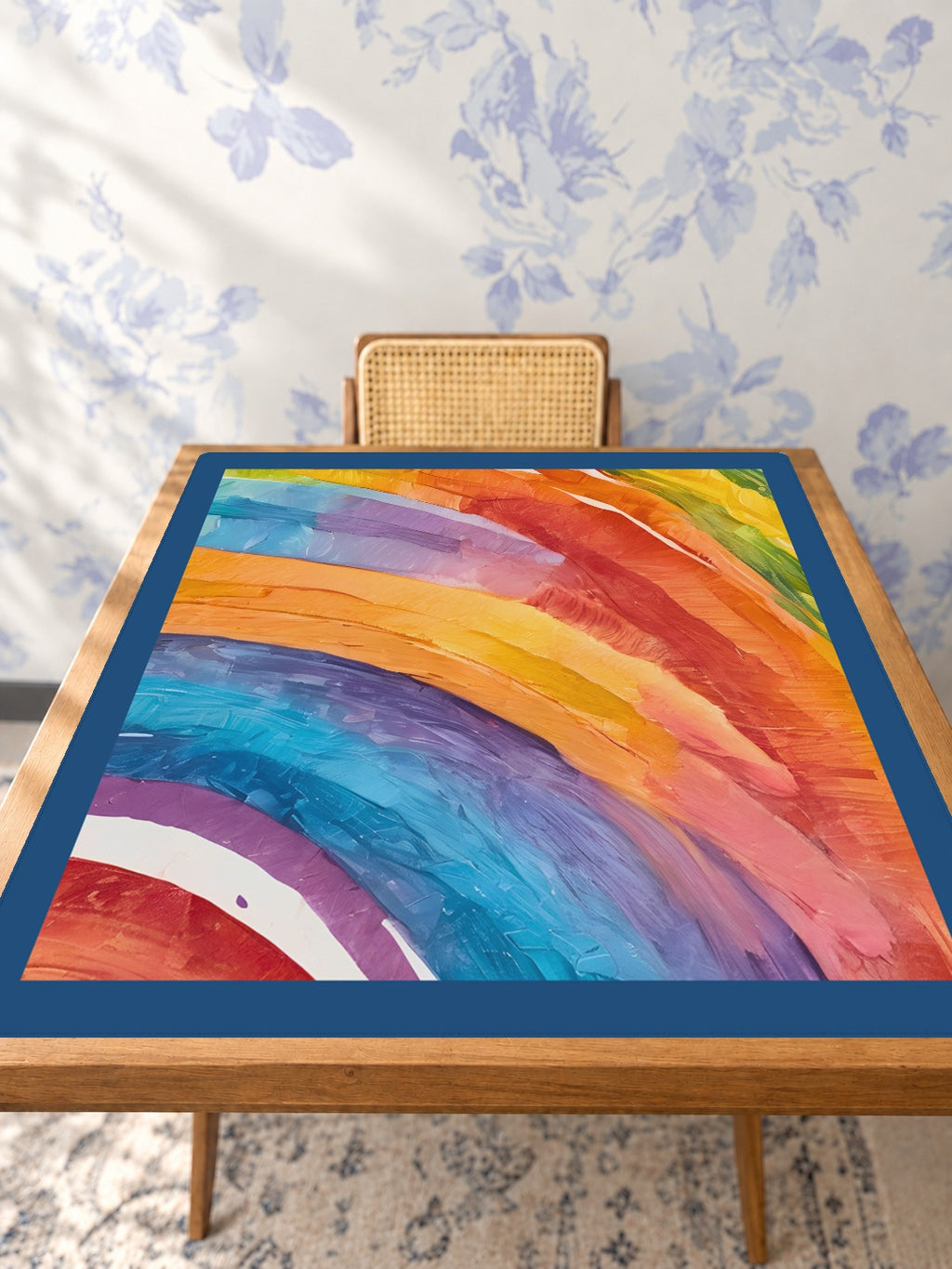 Mahjong by SI™ Swirl Power | Blue Border Mahjong Mat — Studio Table Angle [studio-angle-square]