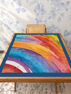 Mahjong by SI™ Swirl Power | Blue Border Mahjong Mat — Studio Table Angle [studio-angle-square]