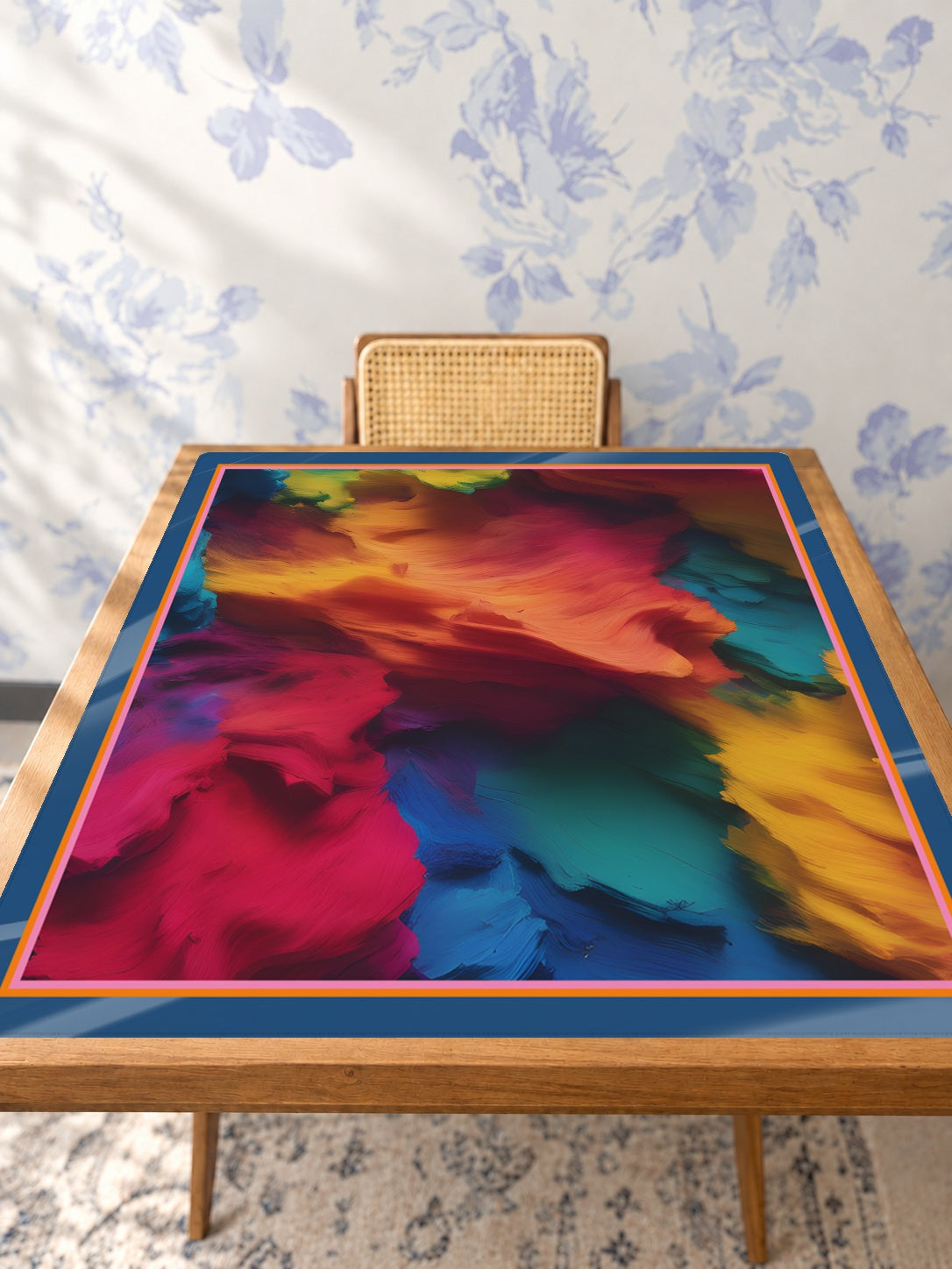 Mahjong by SI™ Textured Taste Blue Border Mahjong Mat — Studio Table Angle [studio-angle-square]
