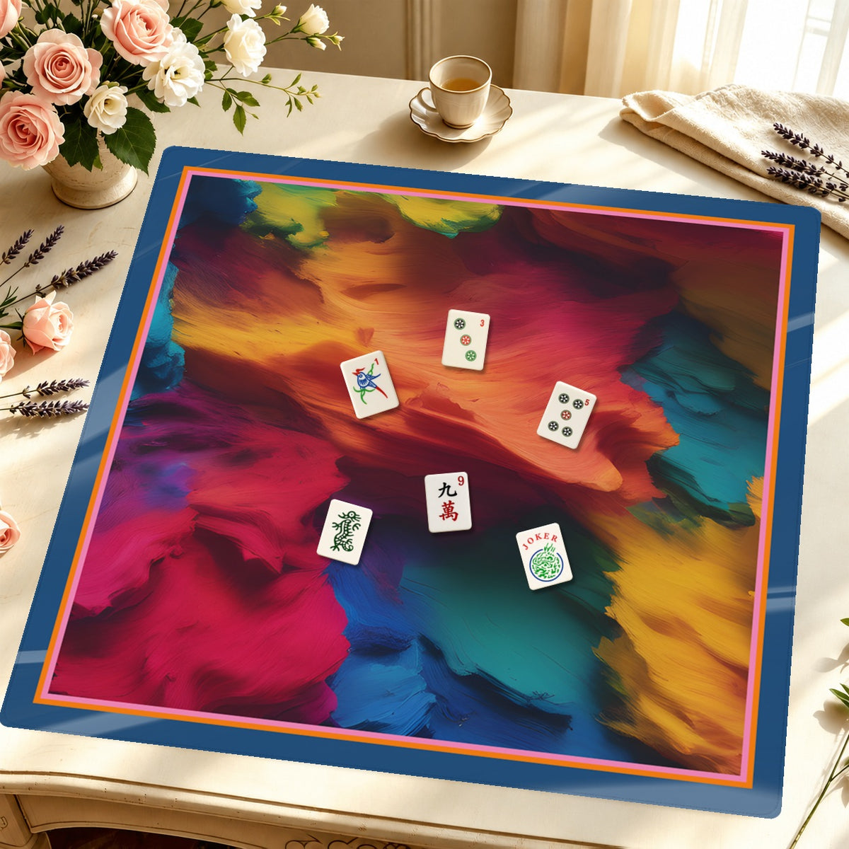 Mahjong by SI™ Textured Taste Blue Border Mahjong Mat — Styled Tile Table [styled-tile-table-square]