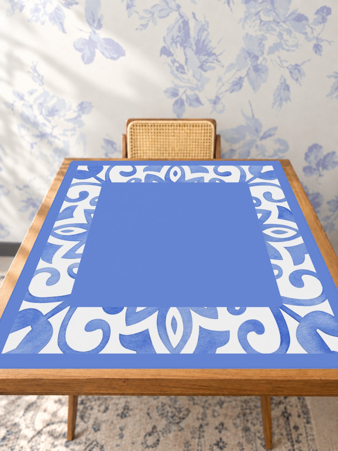 Mahjong by SI™ Tile Me More Blue Border Mahjong Mat — Studio Table Angle [studio-angle-square]