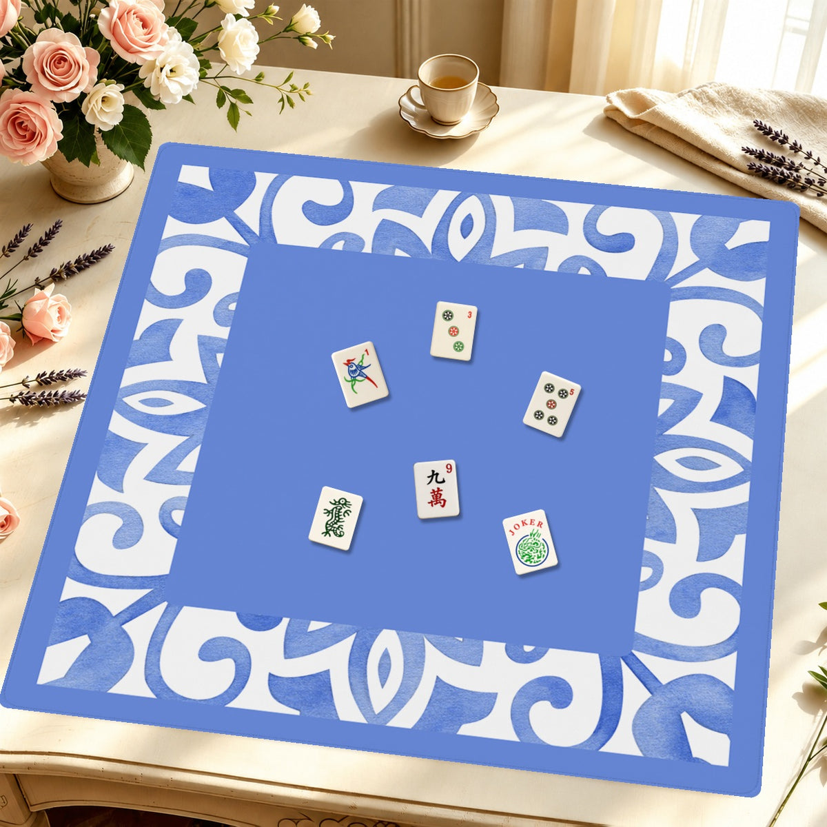 Mahjong by SI™ Tile Me More Blue Border Mahjong Mat — Styled Tile Table [styled-tile-table-square]