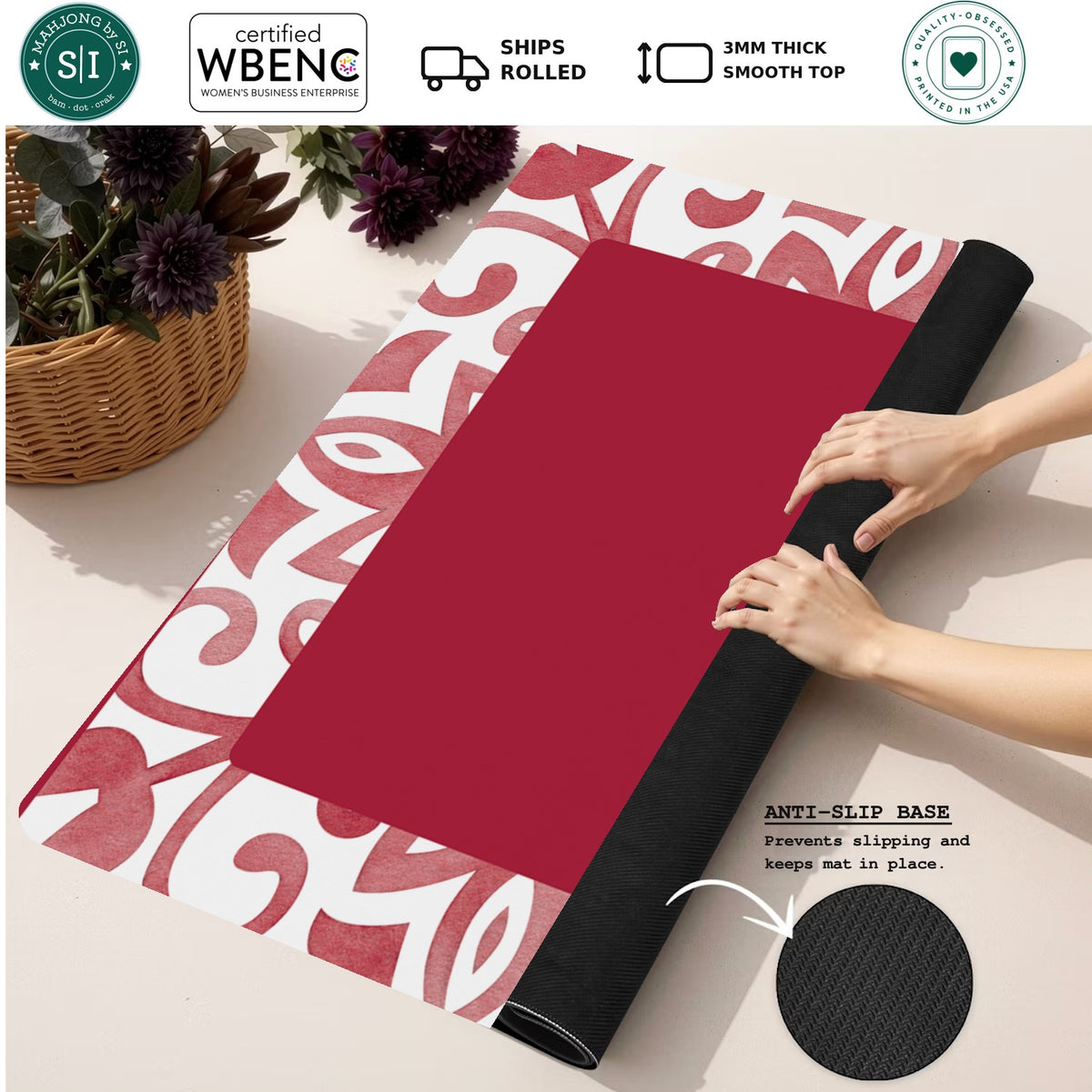 Mahjong by SI™ Tile Me More Red Border Mahjong Mat — Rolled Mat Feature Image [rolled-feature-square]
