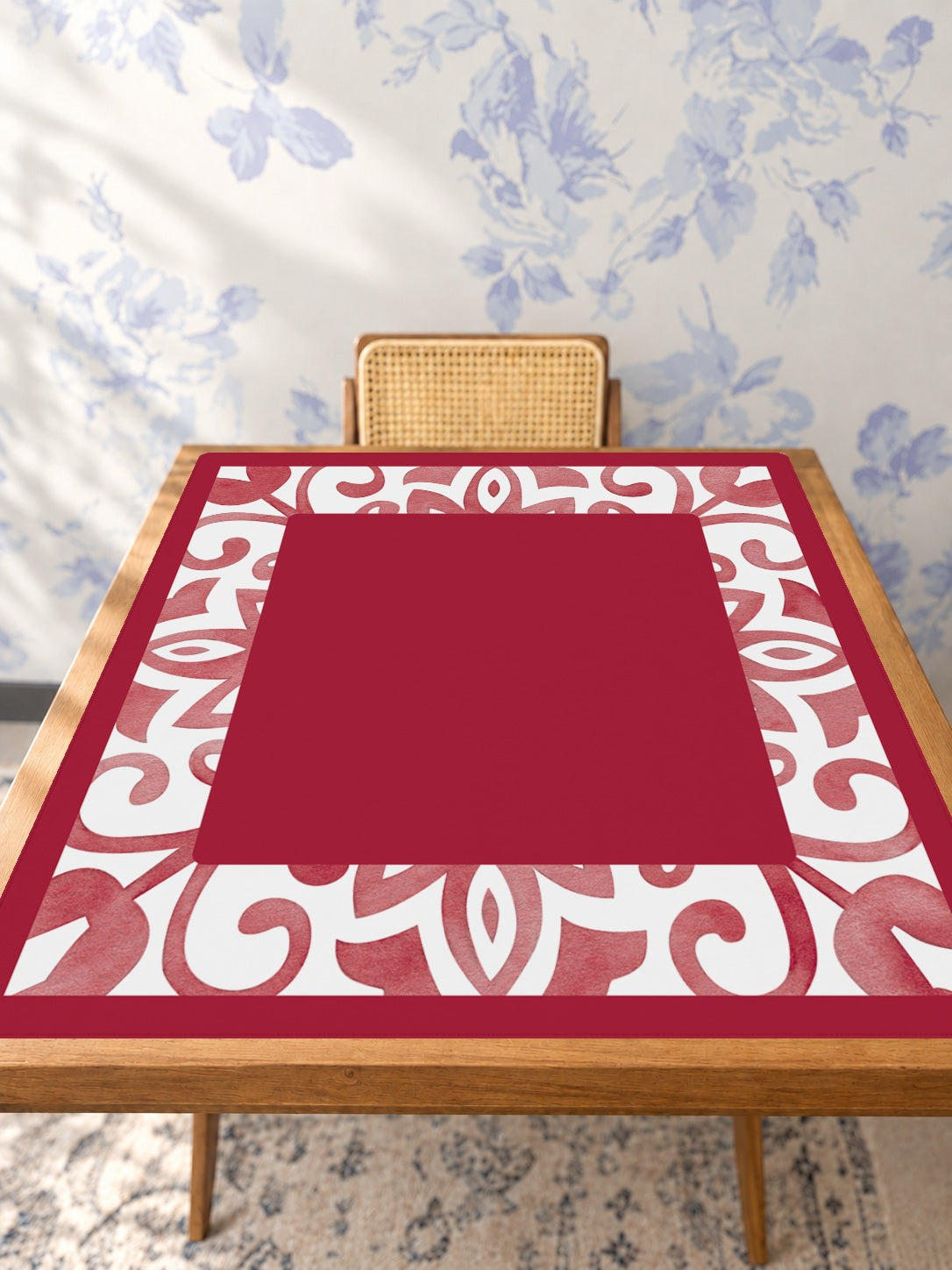 Mahjong by SI™ Tile Me More Red Border Mahjong Mat — Studio Table Angle [studio-angle-square]