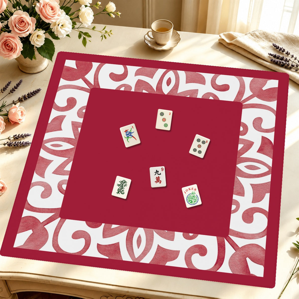 Mahjong by SI™ Tile Me More Red Border Mahjong Mat — Styled Tile Table [styled-tile-table-square]