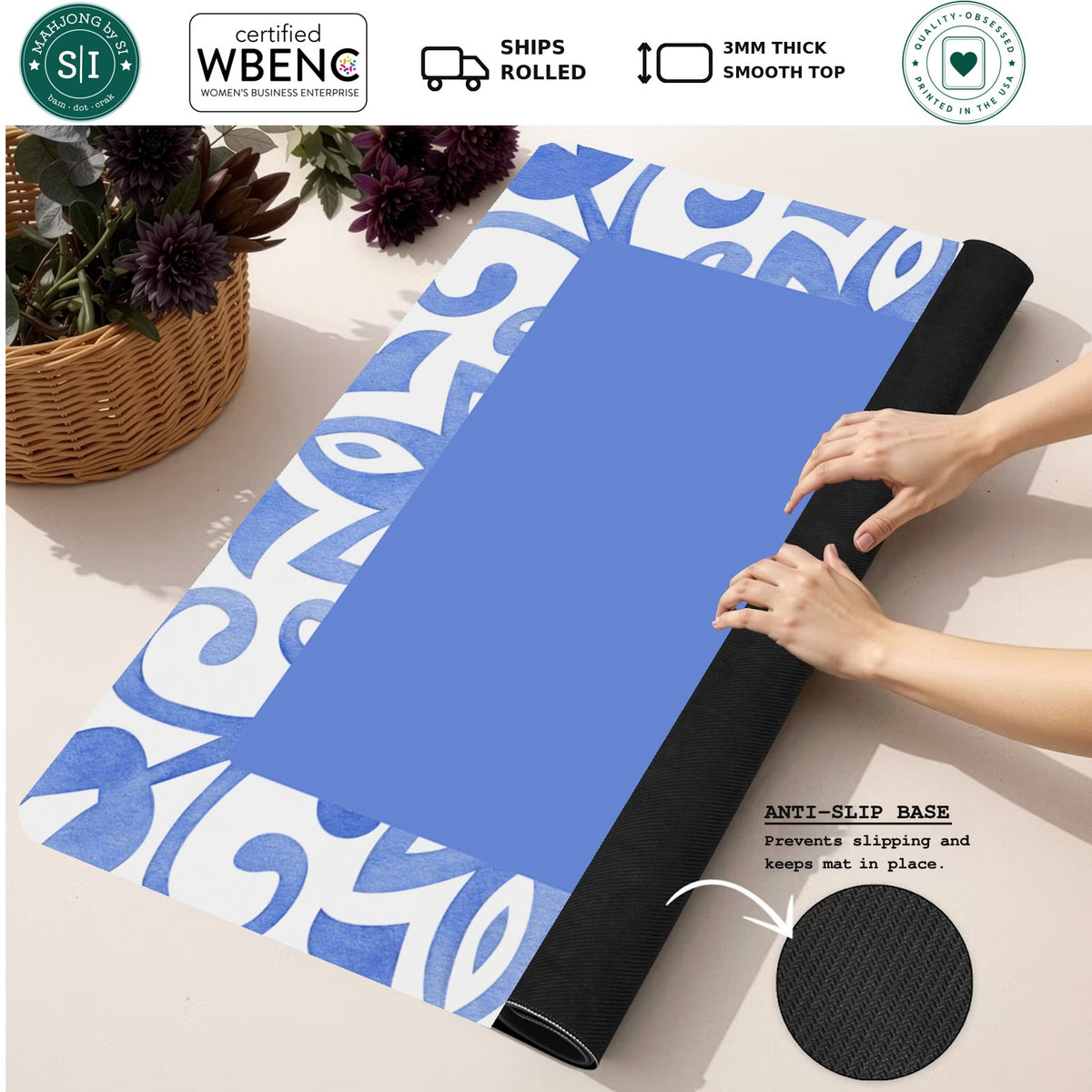 Mahjong by SI™ Twist And Tile | Blue Mahjong Mat — Rolled Mat Feature Image [rolled-feature-square]