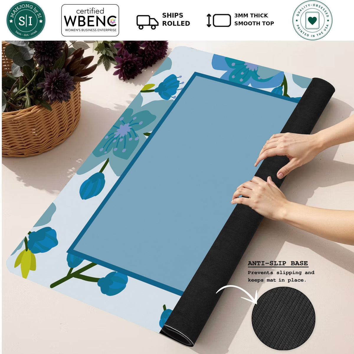 Mahjong by SI™ Vine Time |  Blue Mahjong Mat — Rolled Mat Feature Image [rolled-feature-square]
