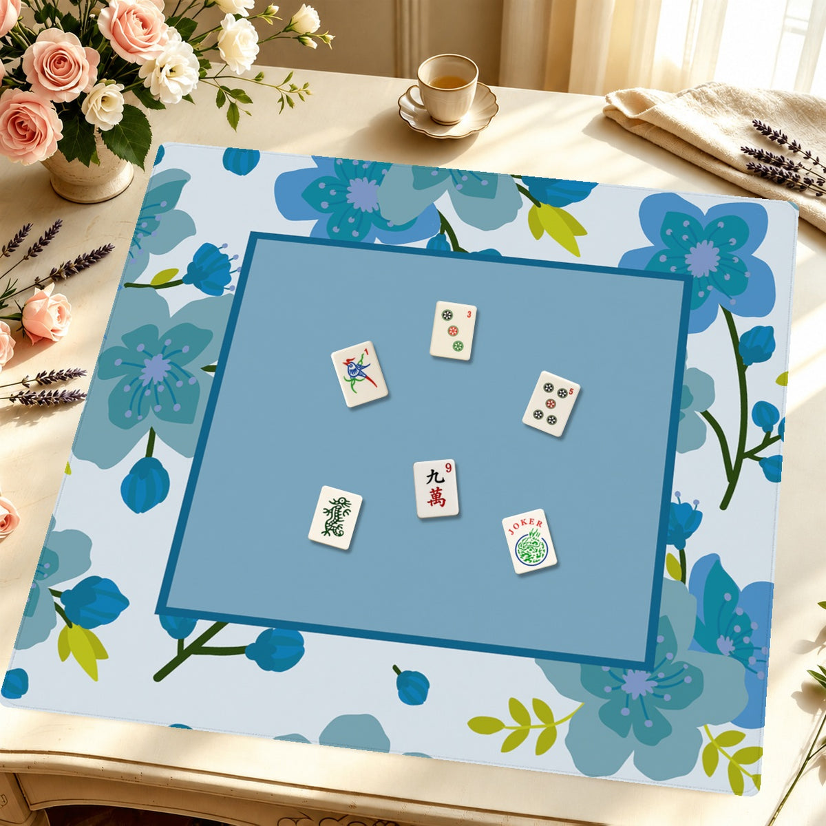 Mahjong by SI™ Vine Time |  Blue Mahjong Mat — Styled Tile Table [styled-tile-table-square]