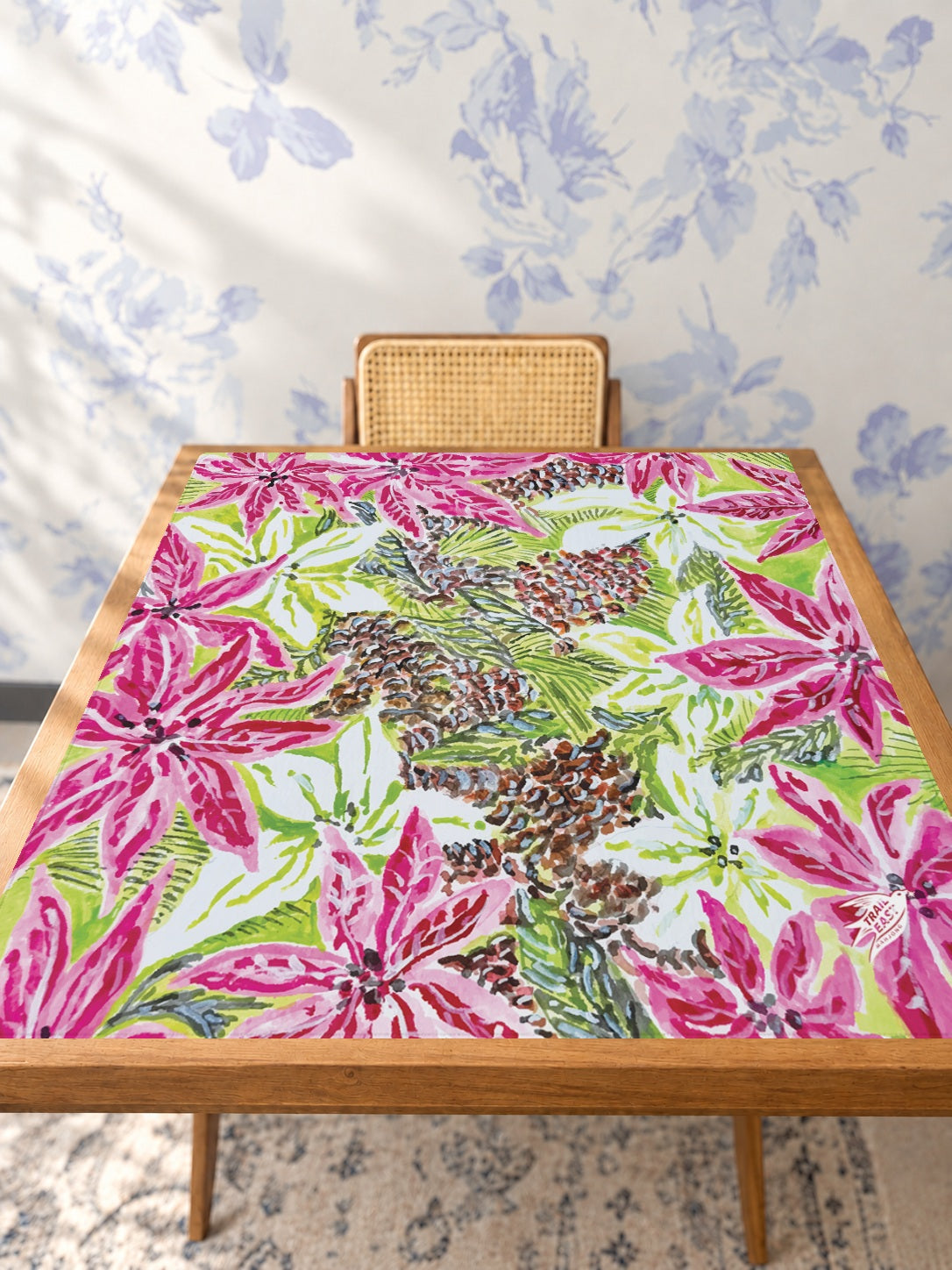 Vintage Poinsettia Mahjong Mat — Studio Table Angle [studio-angle-square]