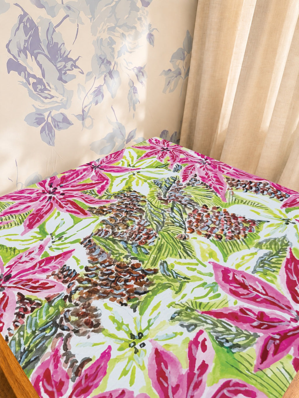 Vintage Poinsettia Mahjong Mat — Sunlit Detail [studio-detail-square]