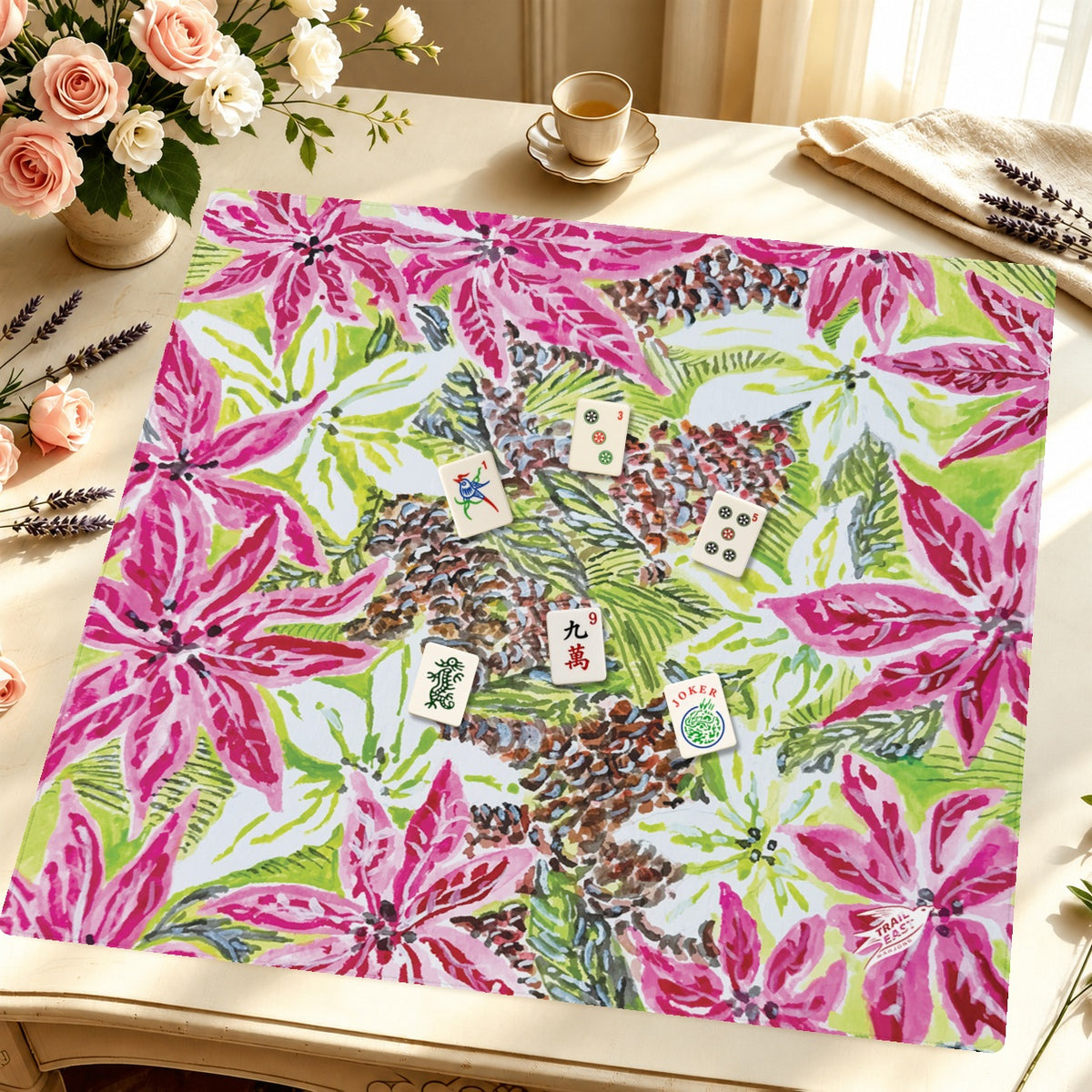 Vintage Poinsettia Mahjong Mat — Styled Tile Table [styled-tile-table-square]