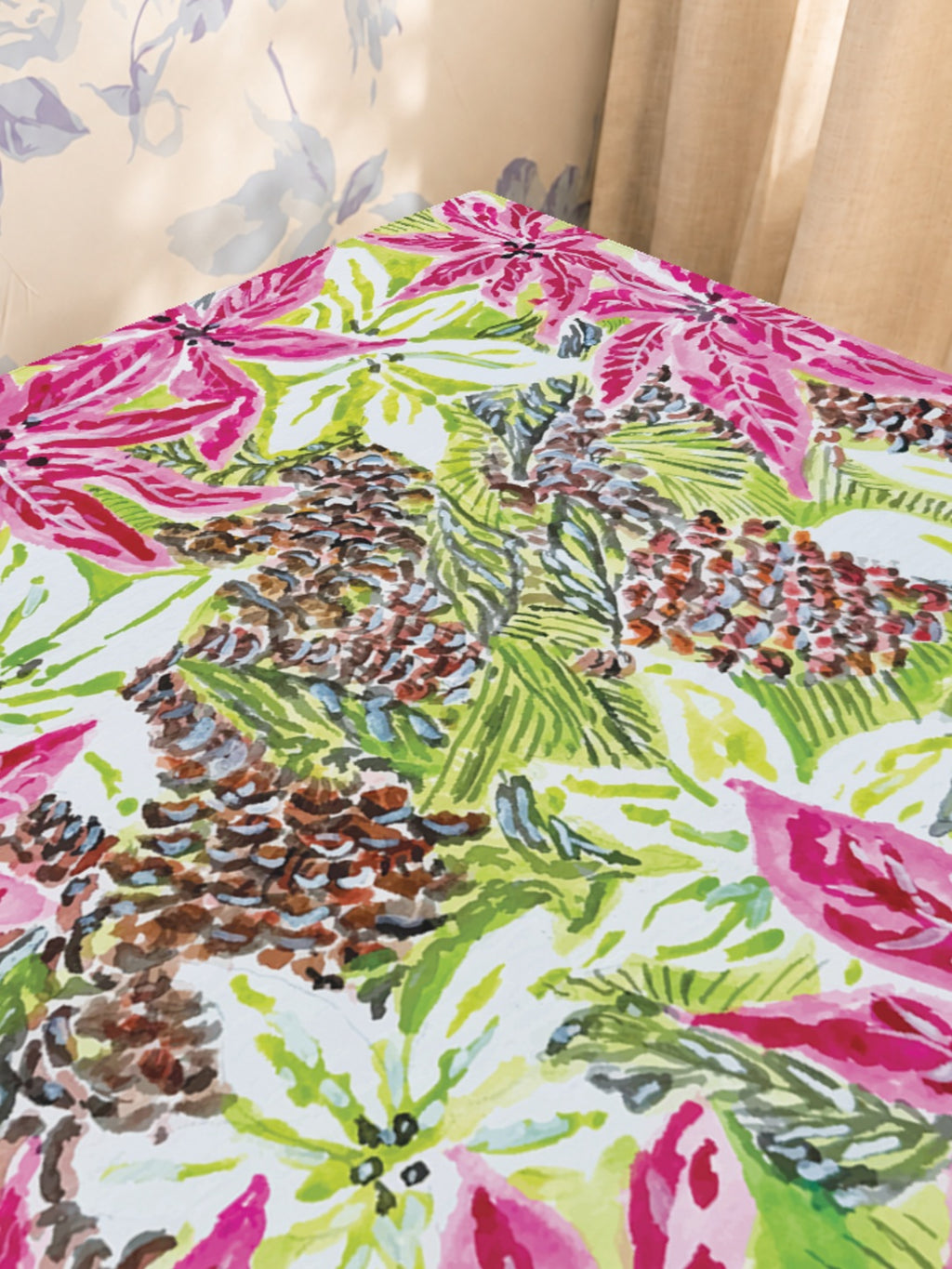 Vintage Poinsettia Mahjong Mat — Sunlit Close-up [sunlit-closeup-square]