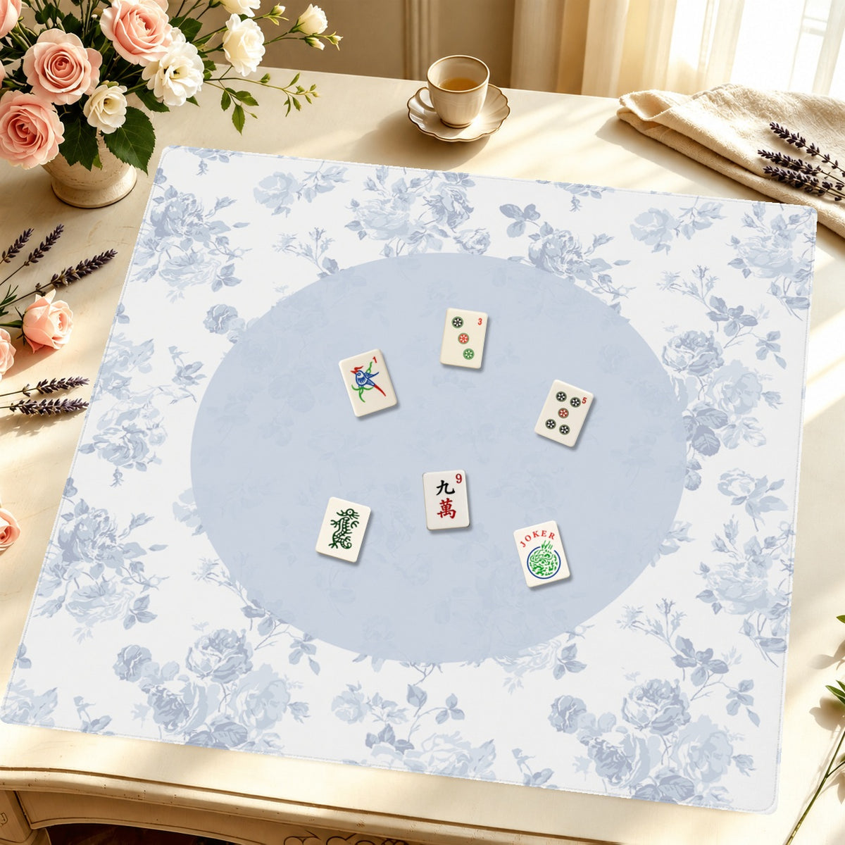 Mahjong by SI™ Whisper in the Garden | Blue Mahjong Mat — Styled Tile Table [styled-tile-table-square]