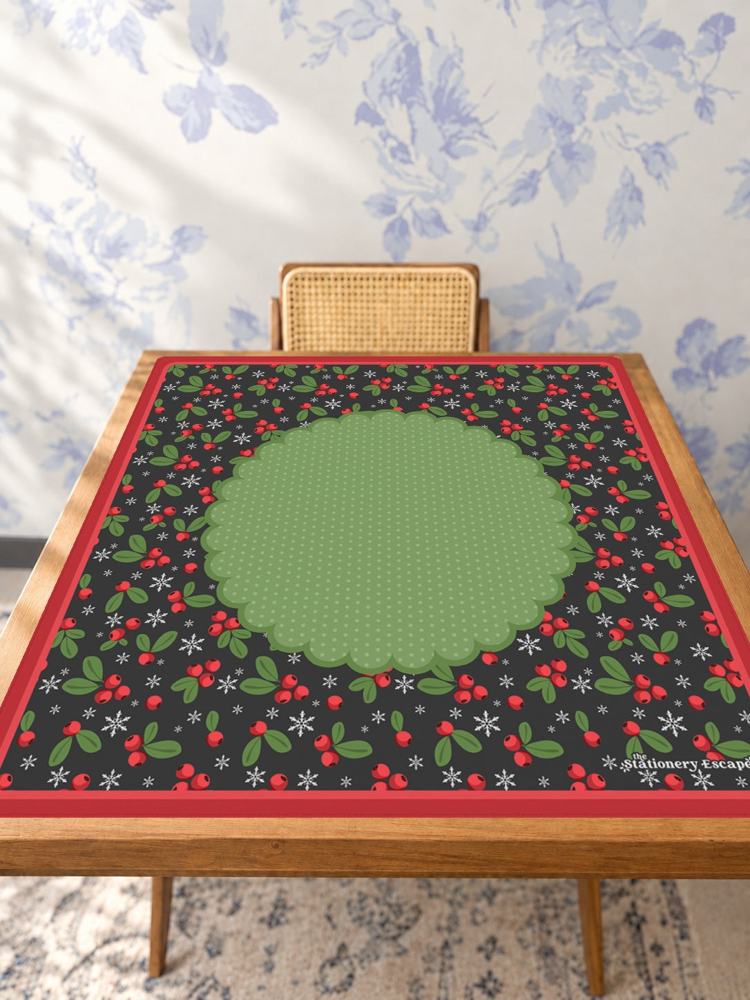 Winterberry Wonderland Mahjong Mat — Studio Table Angle [studio-angle-square]